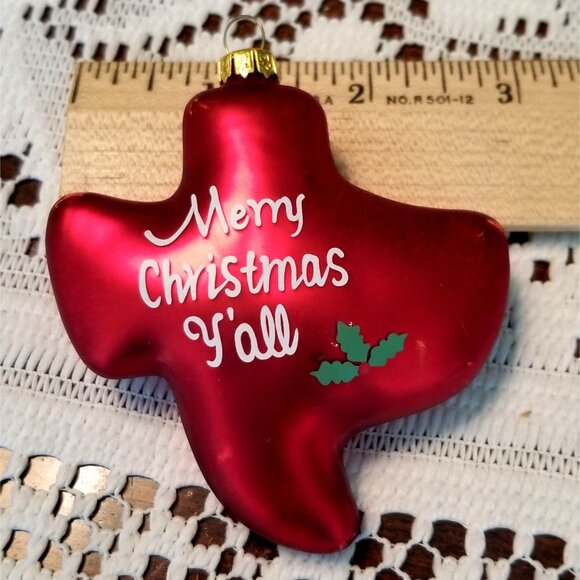 VTG Cherry Designs Glass Ornament Texas Shape “Merry Christmas Y’all” RARE Red - Picture 3 of 3